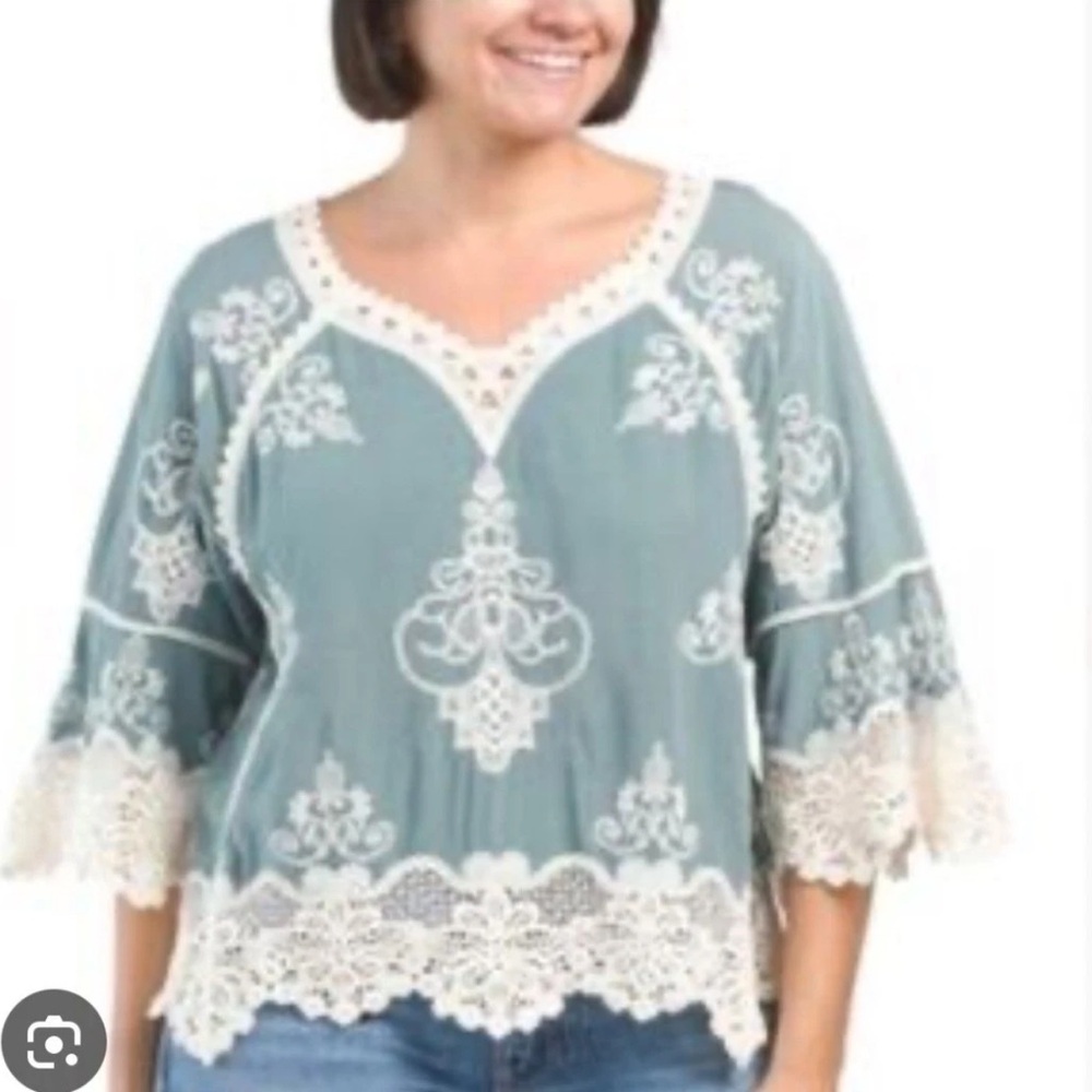 Democracy Cotton Sage Green Embroidered Lace Bell Sleeves Boho Top, Size XS